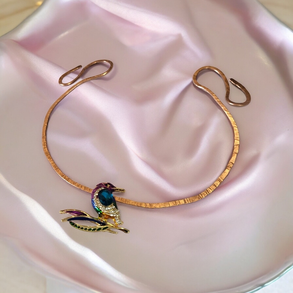 Orchid & Vine Hammered Copper Choker With Bird Brooch Pendant Slide Hand Crafted